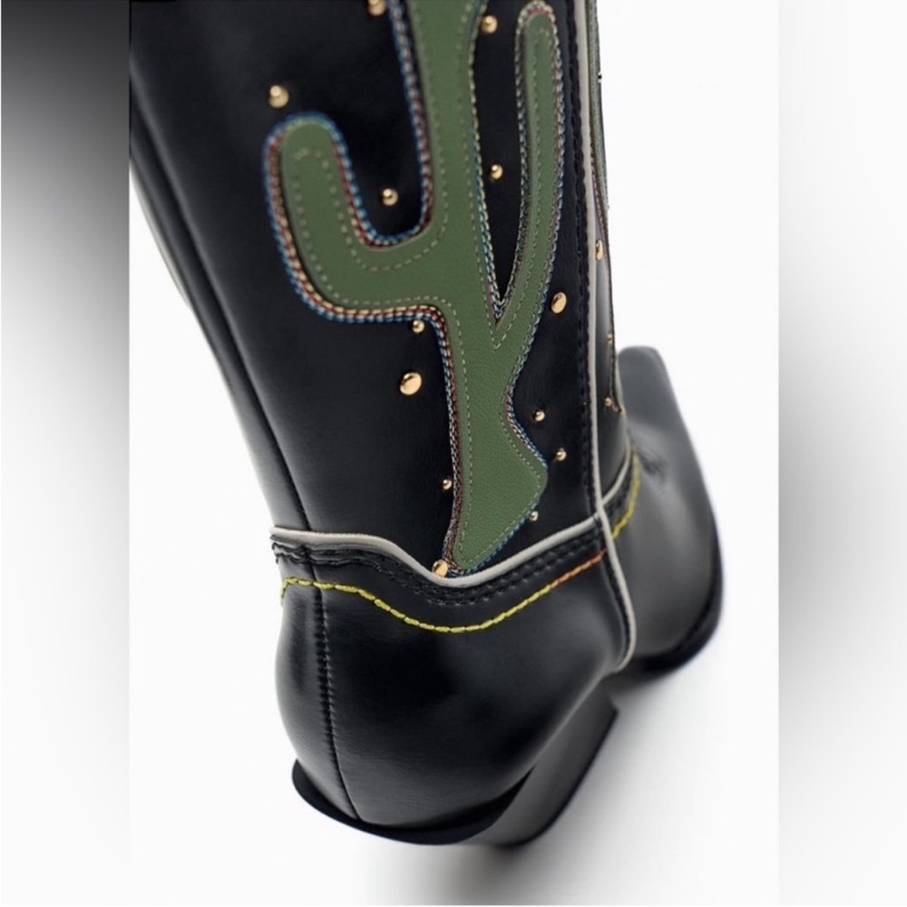 ZARA CONTRASTING KNEE HIGH CACTUS COWBOY BOOTS - Picture 3 of 13